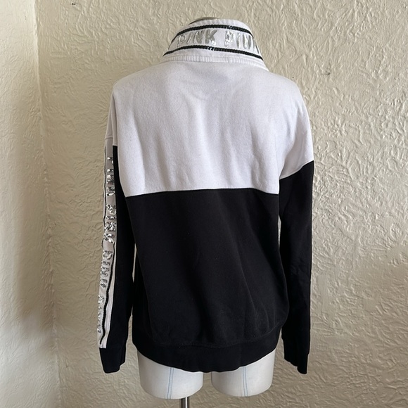 Victoria’s Secret Pink Black White Silver Sequin Bling Quarter Zip Sweatshirt M - Picture 5 of 9